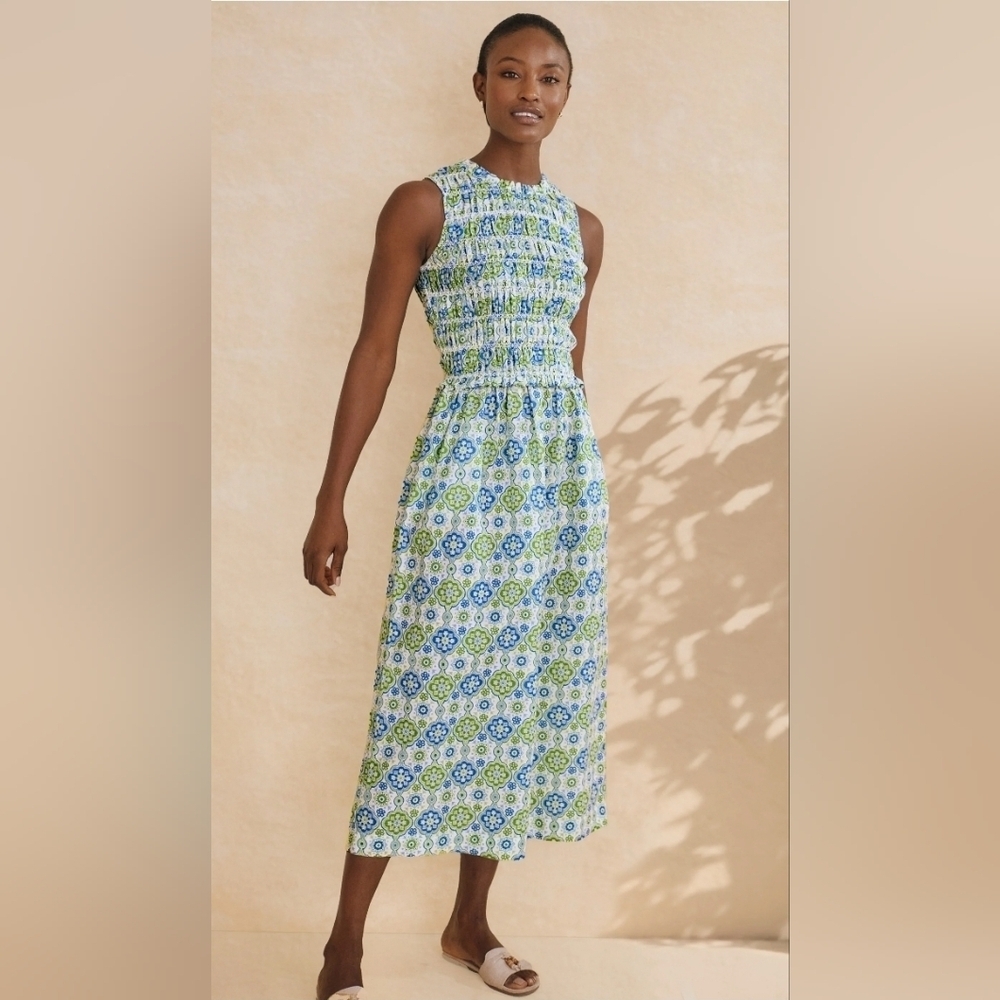 J. Mclaughlin Ciri Smocked Maxi Dress Linen Cotton Seaside Tile Blue Green Sz Xl